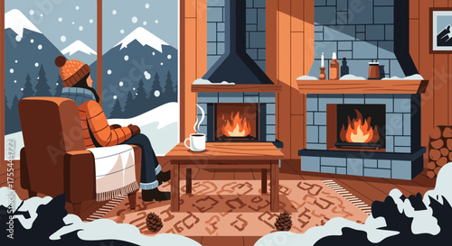 Cozy winter retreat: Person relaxing indoors with snowy mountain view and fireplace