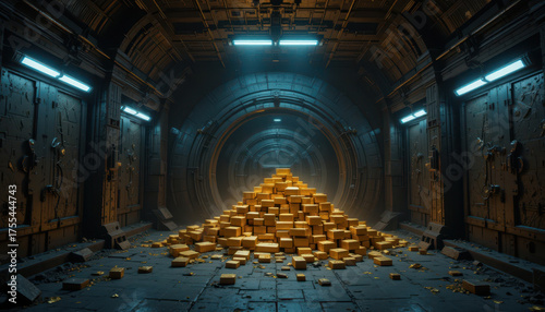 Treasure trove discovery underground vault digital art sci-fi environment wide angle view golden wealth concept