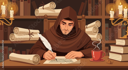 Scholarly Monk Engrossed in Manuscript Creation with Quill and Candlelight