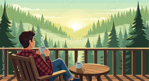 Cartoon illustration of a man enjoying coffee on a porch overlooking a forest scenery
