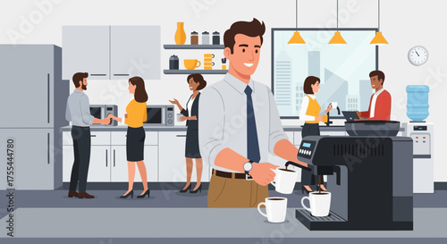 Corporate camaraderie a shared coffee break experience in a modern office kitchen