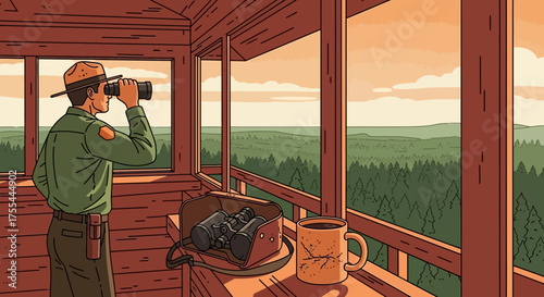 Forest ranger observes distant horizons from his lookout tower in the wilderness