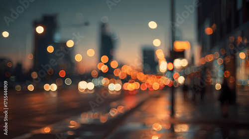 A blurred cityscape at twilight, with lights and buildings