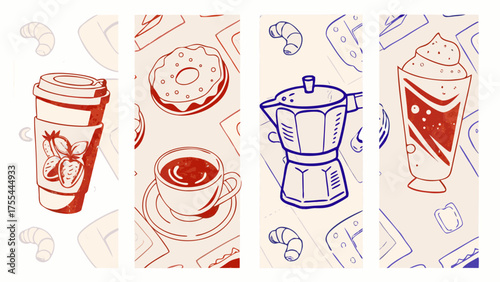Illustrated panels featuring coffee cup, donut, moka pot, and a dessert drink on patterned background