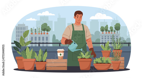Urban Oasis: Man Cultivating a Flourishing Roof Garden with Cityscape View
