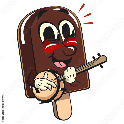 cute chocolate ice cream bar mascot cartoon vector illustration isolated playing the banjo musical instrument, work of hand drawn