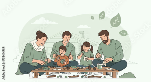 Family Engaging In Leaf Crafts And Outdoor Activity Displaying Joy And Togetherness
