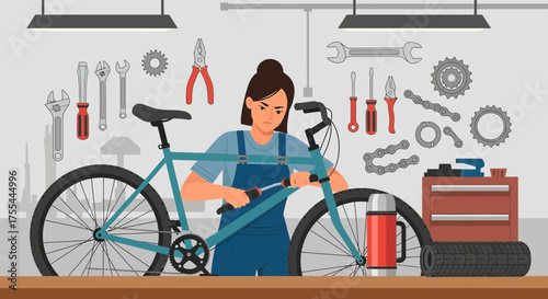 Dedicated woman mechanic maintaining a bicycle in a workshop full of tools