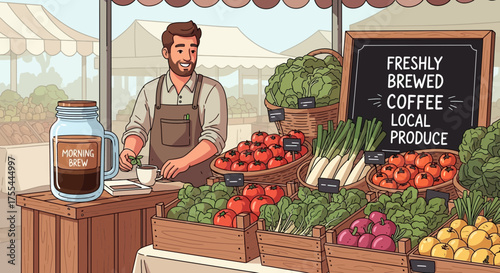 Charming Farmer Offers Fresh Coffee and Locally Sourced Produce at His Vibrant Market Stand