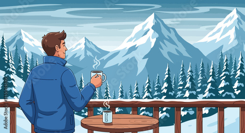 Morning serenity: A man enjoying coffee amidst a stunning winter mountain vista