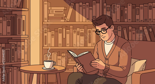 Serene moment: Man enjoying a book with coffee amidst a library ambiance