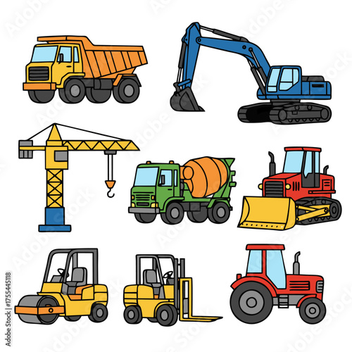 Large vector collection of colorful construction and heavy machinery icons. Includes excavator, truck, crane, bulldozer, and various building equipment
