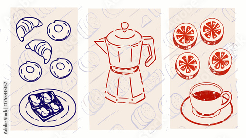 Illustration of breakfast items including croissants donuts waffles coffee pot oranges and a cup of coffee
