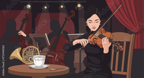 Elegant violinist performing in a vintage-themed club with subdued lighting ambiance