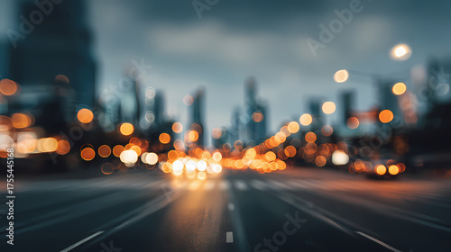 Blurred city lights and a road at night create a sense of motion and wonder. The lights glow brightly, illuminating the city skyline