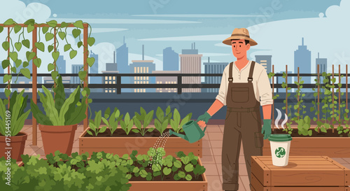 Urban oasis: A rooftop farmer tending to a flourishing elevated garden