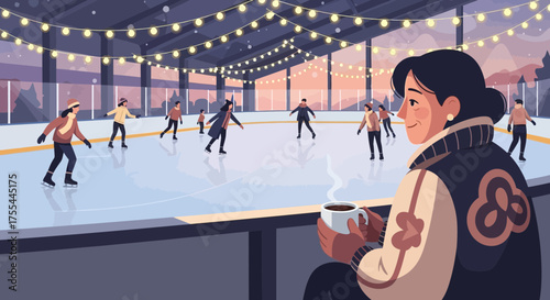 Watching the ice skaters with a warm beverage on a delightful winter evening