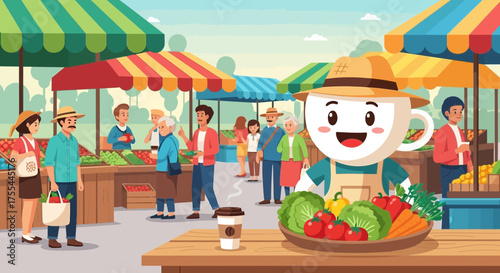 Vibrant vector illustration of a bustling farmer's market with diverse characters
