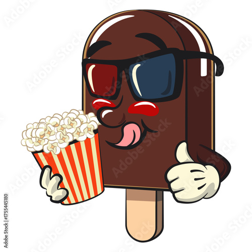 cute chocolate ice cream bar mascot cartoon vector illustration isolated with a bucket of popcorn with wearing 3d glasses, work of hand drawn