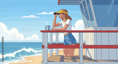 Vigilant lifeguard observing the serene beach view from her watchtower