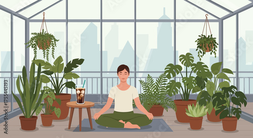 Mindfulness retreat in a vibrant urban greenhouse, serenity amidst city hustle