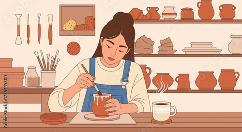 Artistic pursuit of a pottery artist in her studio enjoying a moment of creation