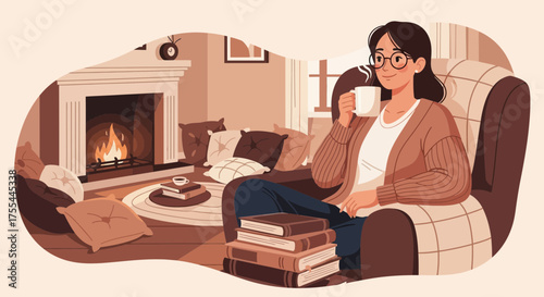 A Cozy Evening Indoors: Woman Relaxing by the Fireplace with a Warm Drink