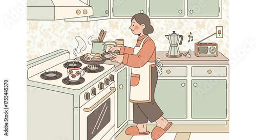 Cozy Kitchen Morning: Woman cooking breakfast in a retro styled kitchen scene