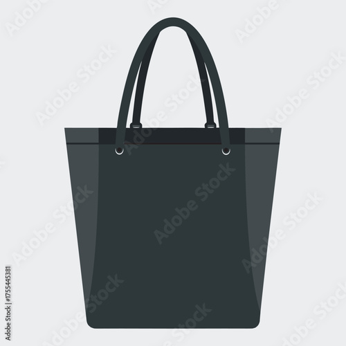 Elegant black leather tote bag with shoulder straps on a neutral background, A minimalist, modern black tote bag with double handles, presented on a plain, light gray background.
