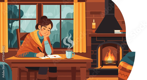 Rainy day writing letter in a cozy interior with fireplace and a cup of tea