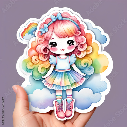 Rainbow cloud doll with fluffy tutu, sparkly boots, hair in rainbow curls, holding a cloud plush with a face, dreamy and cheerful, pastel watercolor illustration