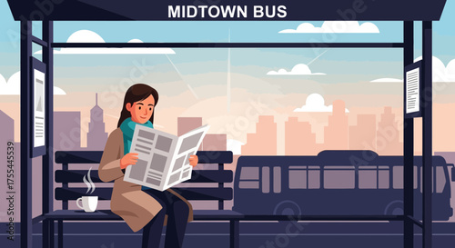 Vector illustration of a woman reading newspaper at a midtown bus stop during sunset