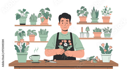 Charming illustration of a male florist creating a floral arrangement amidst greenery
