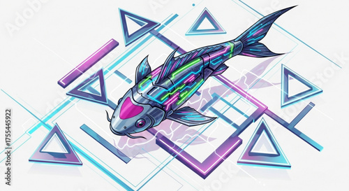 Futuristic cyber koi fish digital art neon glow tech illustration modern design wallpaper background 3d render