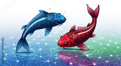Two koi fish swimming in digital water illustration for zen garden and aquatic art projects design concept