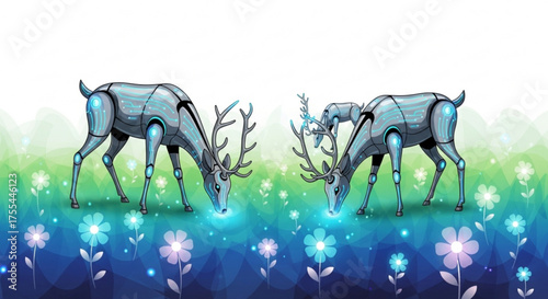Robotic deer in floral landscape vector art illustration for digital design and print media applications