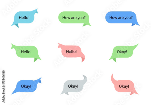 9 speech bubbles in assorted colors each containing text Hello How are you or Okay Isolated on white