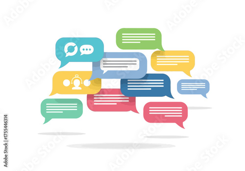 A cluster of speech bubbles each filled with horizontal lines or icons in various colors and casting soft shadows