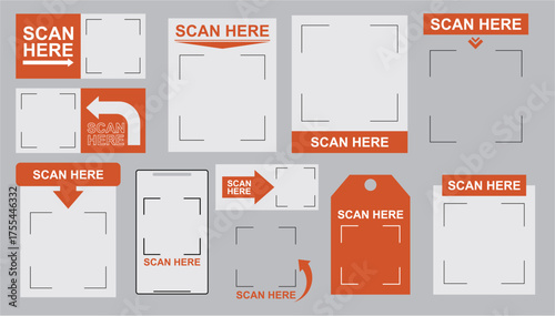 Set of QR code scan frame templates in orange and white, modern vector design elements, poster, or label use