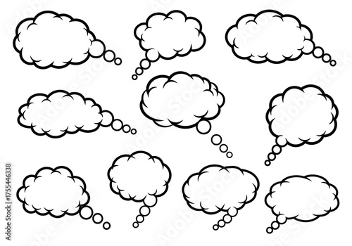 A collection of nine cloudshaped speech bubbles are arranged against a white background