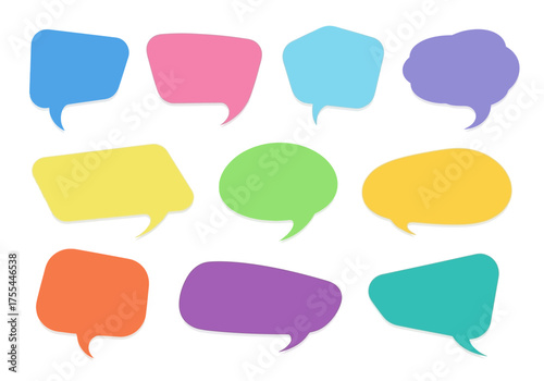An array of nine colorful speech bubbles in varied shapes