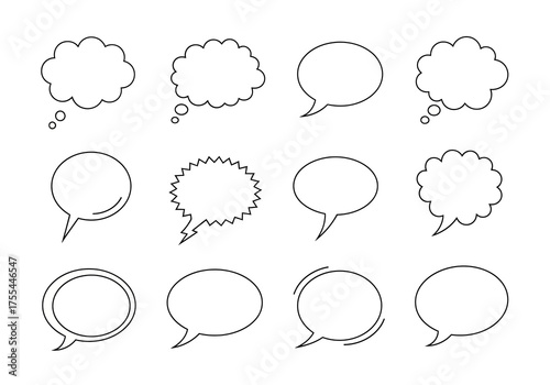 An array of twelve diverse empty blackoutlined speech bubbles on a white background
