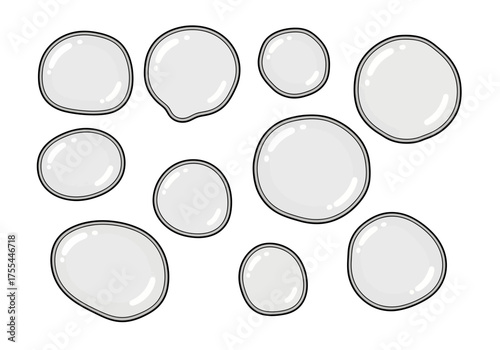 Clusters of stylized grey cartoon bubbles or cells varying in size and shape against a white background