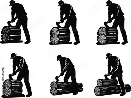 Wood chopping silhouette, axe man, log cutting, forest labor, physical effort, black vector, outdoor work, lumberjack pose, sequence illustration
