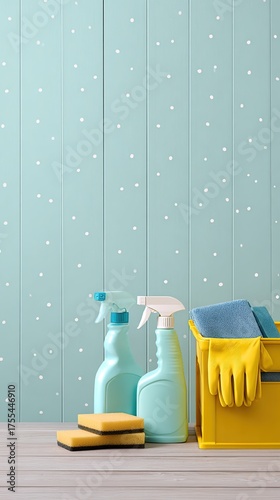 Cleaning Supplies Sponges Spray Bottles Left Side Light Green Wooden Background