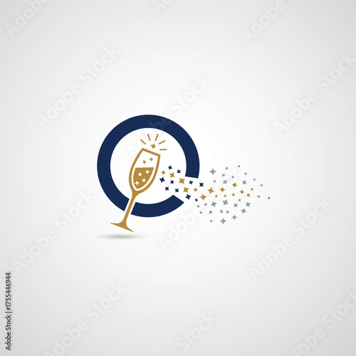 Sparkling Champagne Flute with Q Letter Logo Concept