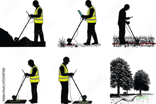 Ground penetrating radar operator scanning terrain, rocky, grassy, wooded, cultivated, paved, plain surface, safety vest, helmet, subsurface detection, vector illustration