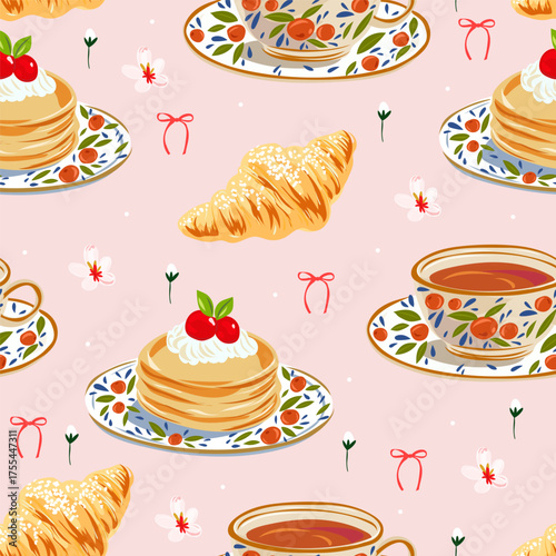 Cute Breakfast Seamless Vector Pattern with Coffee, Tea, Pancakes, Croissants, Flowers, and Ribbons — Modern Hand-Drawn Pastel Design for Fabric, Wrapping Paper, and Kitchen Decor