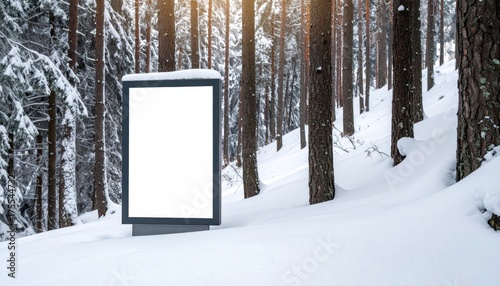 Empty poster in forest at winter. blank mockup advertising banner in ski resort snow. Advertise promotion board amidst woodland during cold season. display area for message wintertime.