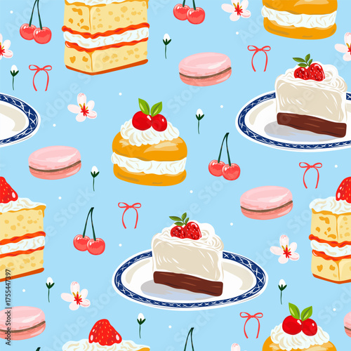 Cute Dessert Seamless Vector Pattern with Cake, Pastry, Eclair, Macaroon, Berries, Flowers, and Ribbons — Modern Hand-Drawn Pastel Blue Design for Fabric, Wrapping Paper, and Stationery